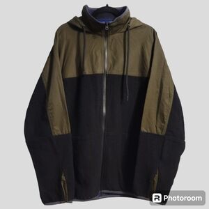 VINCE Jacket Men's XLarge Olive Black Hooded Mix Media Colorblock Nylon-Wool